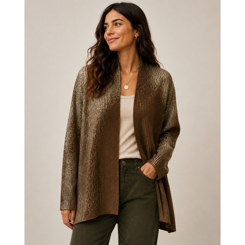 Avant Toi Womens Brown Gold Metallic Foil Merino Cashmere Cardigan Sweater XS